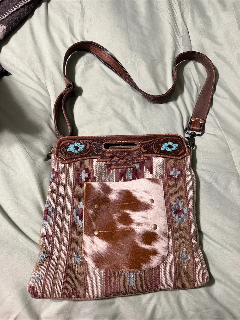 Stylish MYRA Southwestern Brown Crossbody Bag with Cowhide Pocket
